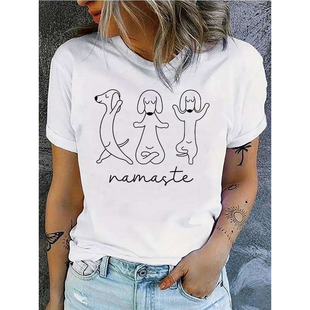 Women's Fashionable T-shirt, Printed with A Playful Dog Pattern, Namaste Casual Round Neck Short-sleeved, Lightweight and Fun. XJ260306 XJ260306
