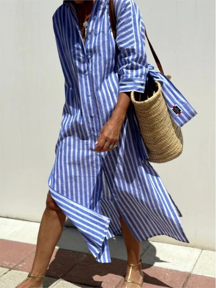 Autumn Long Sleeve Shirt Dress Elegant Belt Long Dress For Women Fashion Print Button Lapel Neck Casual Dresses Robe Femme 260306