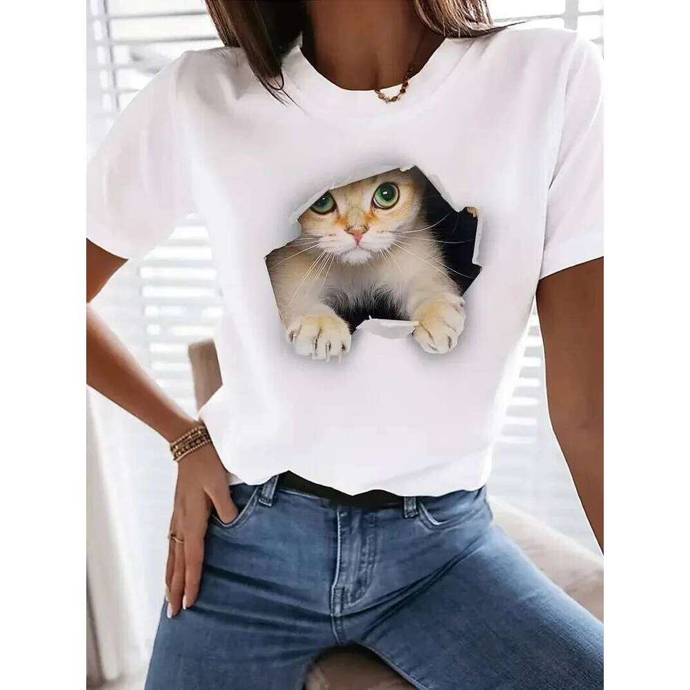 Women's Cute Cat Print Crew Neck T-Shirt Vintage T Shirt Clothes Female Tshirt Y2K Top Short Sleeve T-shirt Casual Tee XJ260306 XJ260306