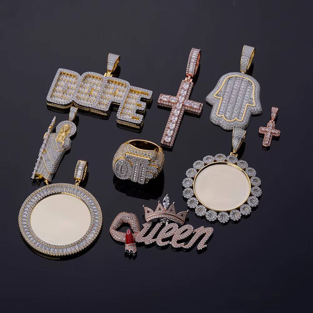 Hip Hop Iced Out Vvs Moissanite baguette Cz 10k White Gold Plated Large Memory Diy Sublimation Custom Photo Pendants
