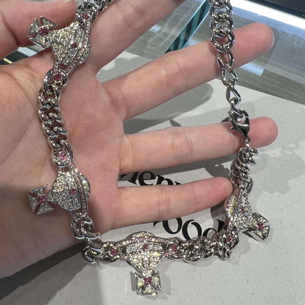 High-Quality Empress Dowager Thick Cuban Saturn Full Diamond Necklace Bracelet High-End Choker Collarbone Chain