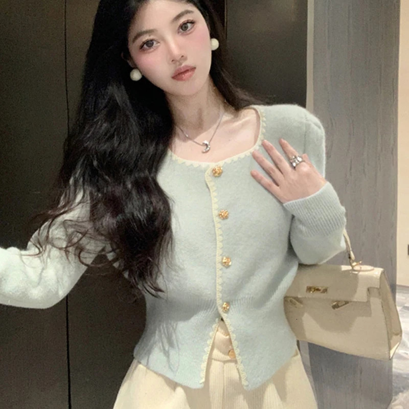 Womens French Fashion Square Neck Singlebreasted Slim Knitted Sweater Cardigan 260306