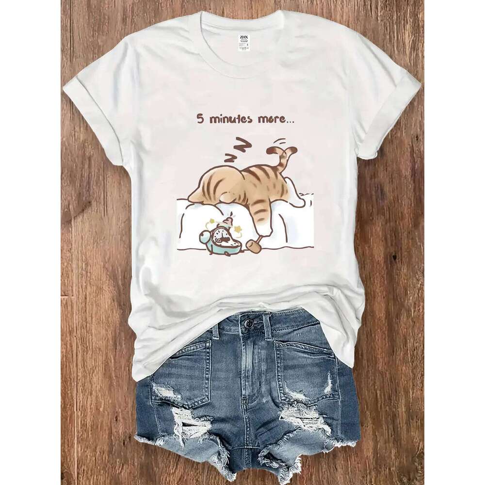 Summer Sleeping Cat Print T-Shirt Round Neck Soft and Loose-Fitting Top Essential Women's Style XJ260306 XJ260306