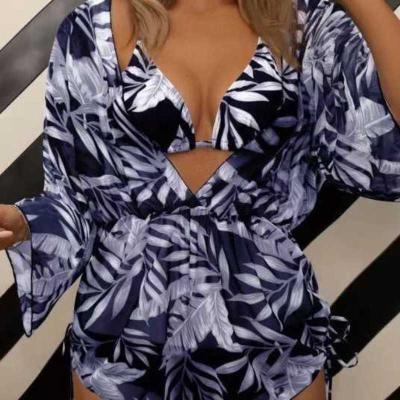 Women's Swimwear New Three-Piece Bikini Set Leaf Print Waist-Tie Fashion Long Sleeve Beach Sun Protection Swimsuit
