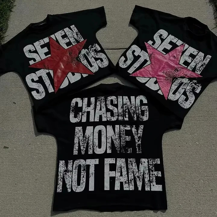 Vintage Chasing Money Not Fame Graphic T-Shirt Cropped Tees Co-ed Top Graphic T Shirts Men Clothing Black Casual Crew Neck Tee 260304