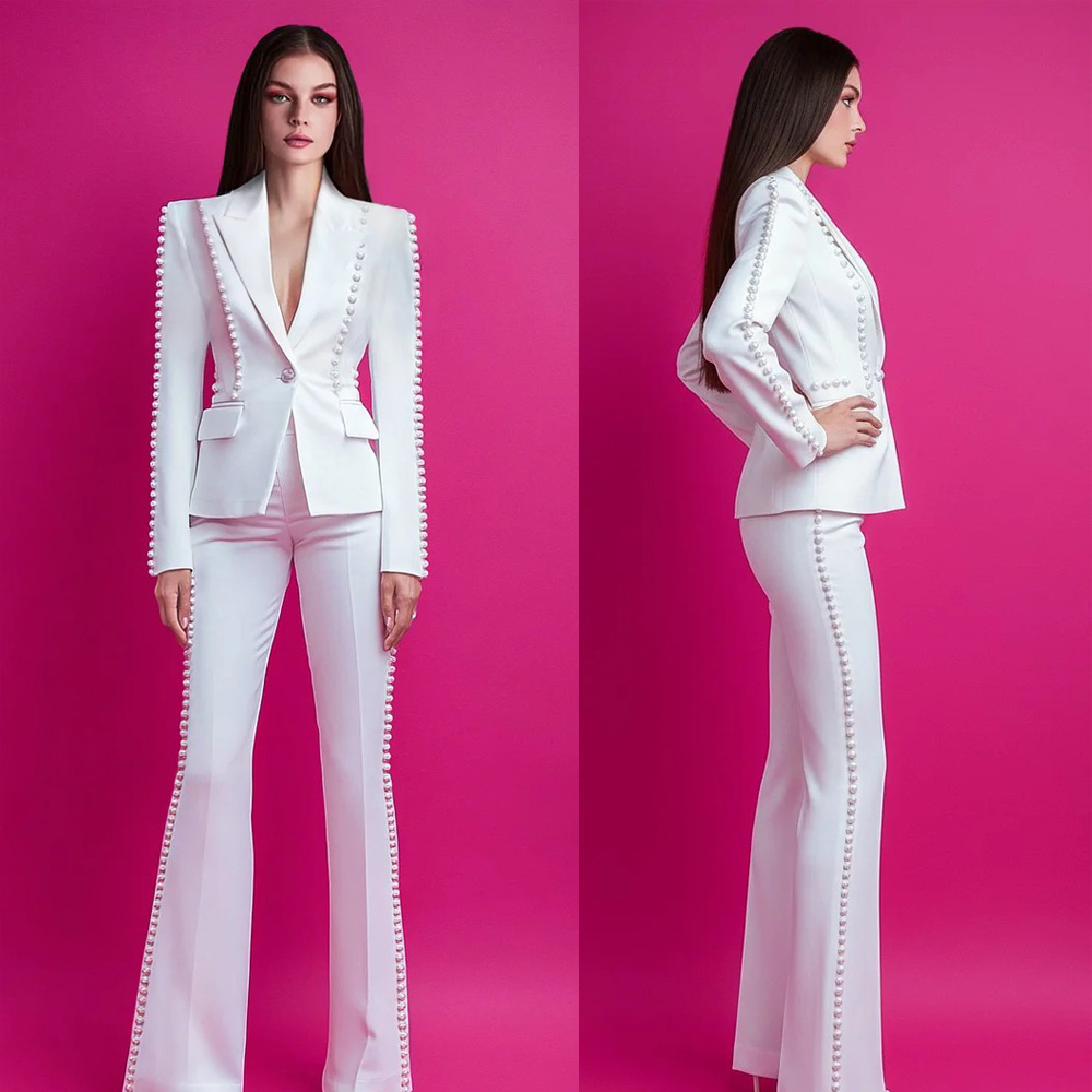 Customized Women Blazer Sets Plus Size Big Pearls Beads Long Sleeve Formal Party Prom Evening Wear 2 Pieces