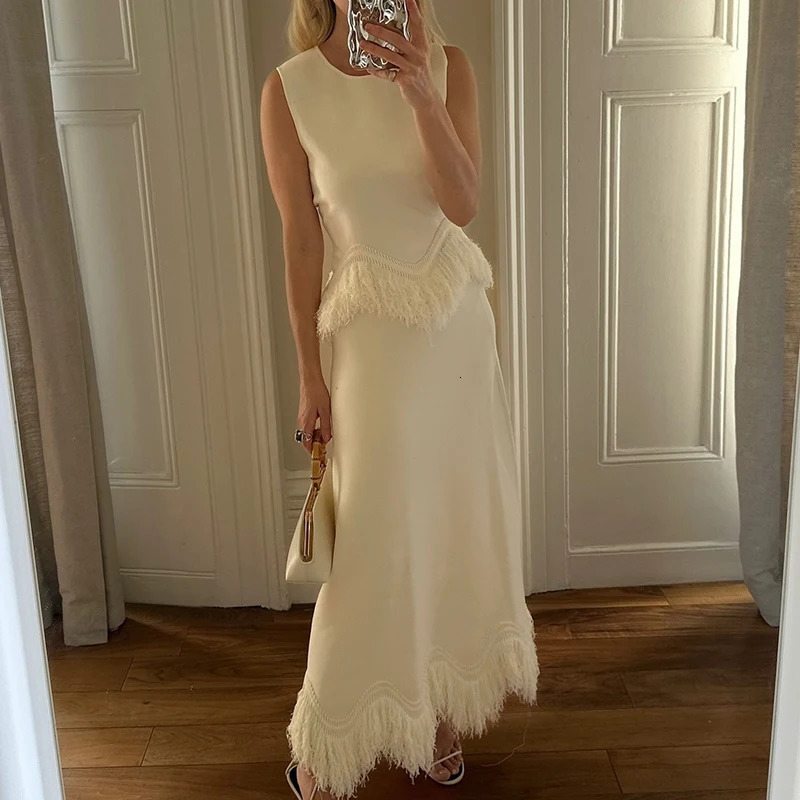 y Banquet Temperament Slim Sets Chic Sleeveless O Neck VestSkirts Spring Summer Solid Tassel Spliced 2 Piece 260306