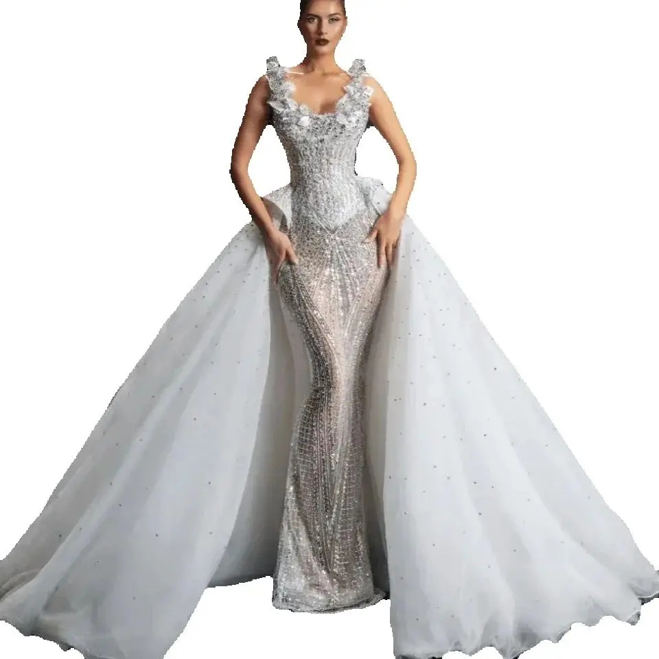 Luxury Sequins Wedding Dress With Detachable Train Beaded Lace Bridal Dress Appliques Floor Length customized vestidos de novia