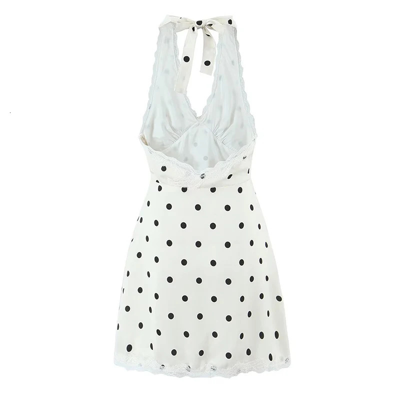 YENKYE Lace Spliced Polka Dot Halter Dress Women Elegant A-line Mini Sexy Backless Dresses Summer Robe 260306