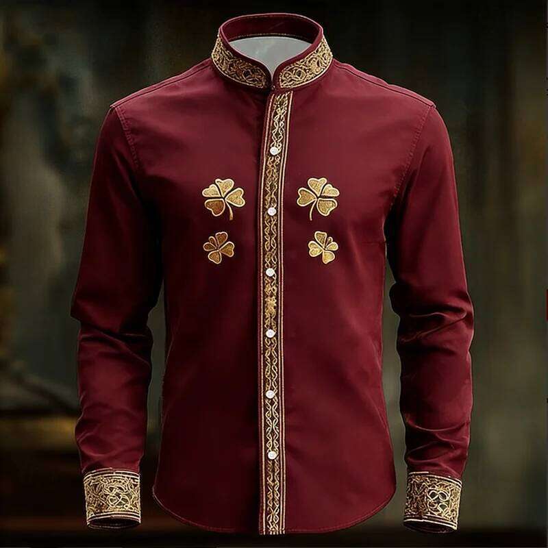 New Men's Floral With Gold 3D Clover Print, Fashionable And Luxurious Long Sleeved Shirt Top