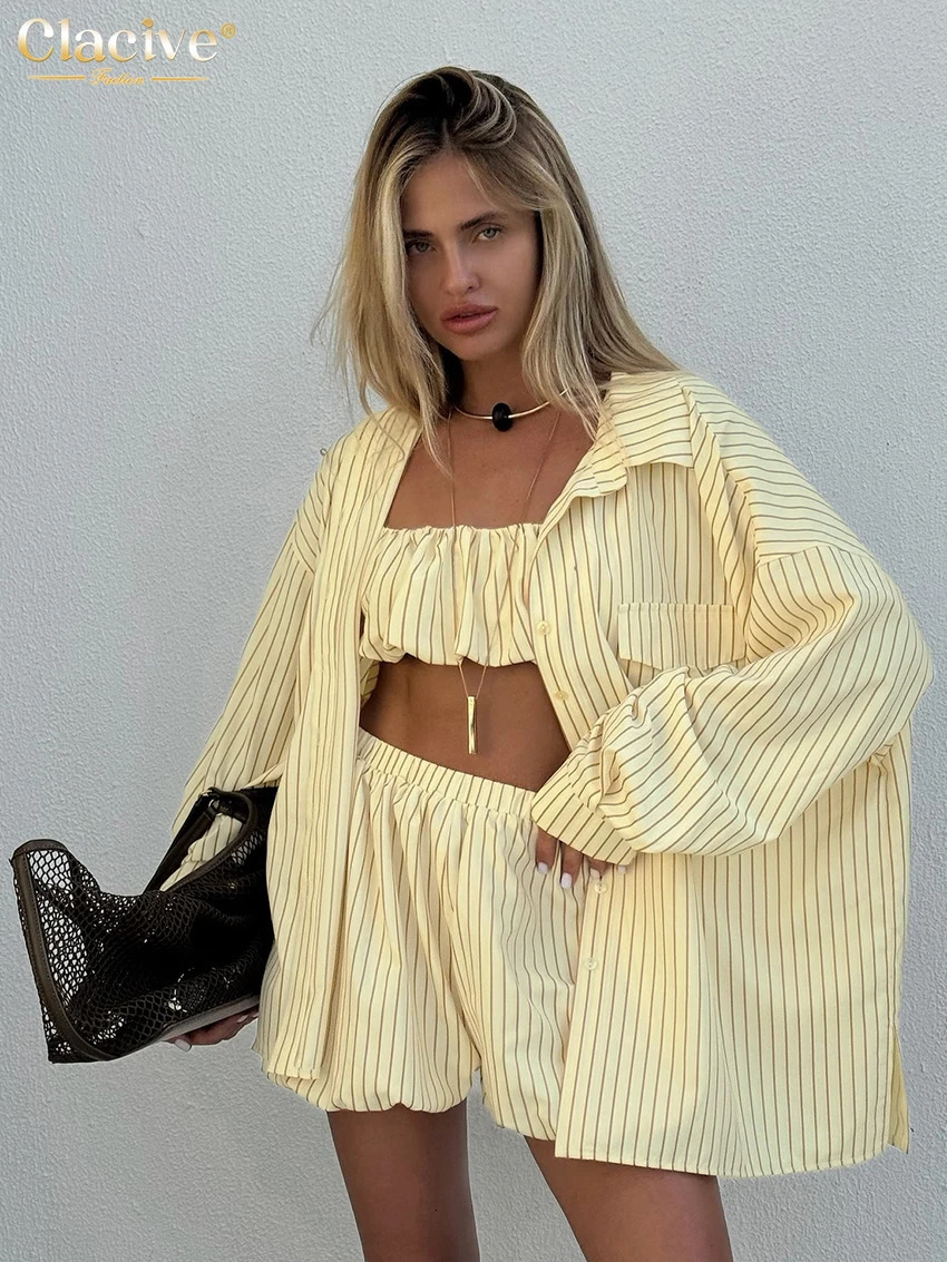 Clacive Fashion Loose Stripe Print 2 Piece Set Women Elegant Long Sleeve Shirt Tube Top With High Waist Shorts Female 260306