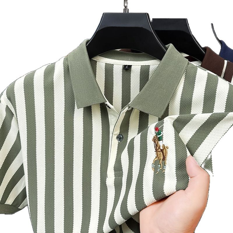 Luxury Brand Designer Clothes Q02 Summer Men's Short-Sleeve Light Luxury T-Shirt Striped Polo Shirt Loose Fit Business Top Men's Clothing