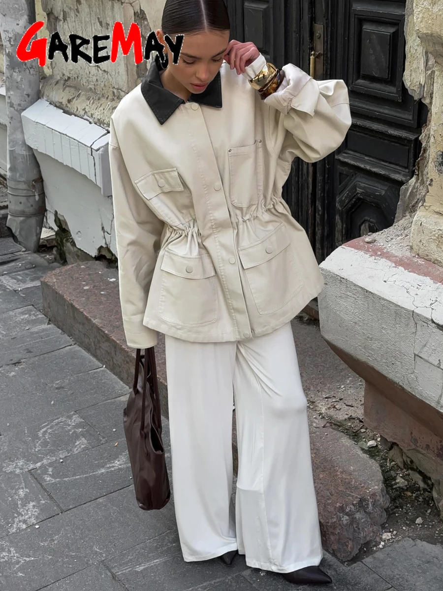 Womens Demi-season Jacket with Zipper Cotton Oversize Classic PU Leathercollar Vintage Autumn Jackets for Women 260306
