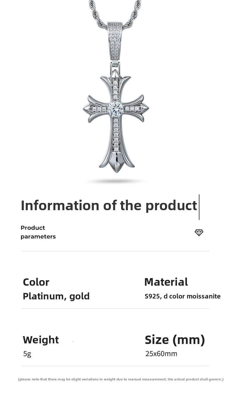 Hip Hop Trend 925 Sterling Silver Cross Pendant 25 60mm VVS Moissanite Diamond Necklace-Mens and Womens Birthday Gift