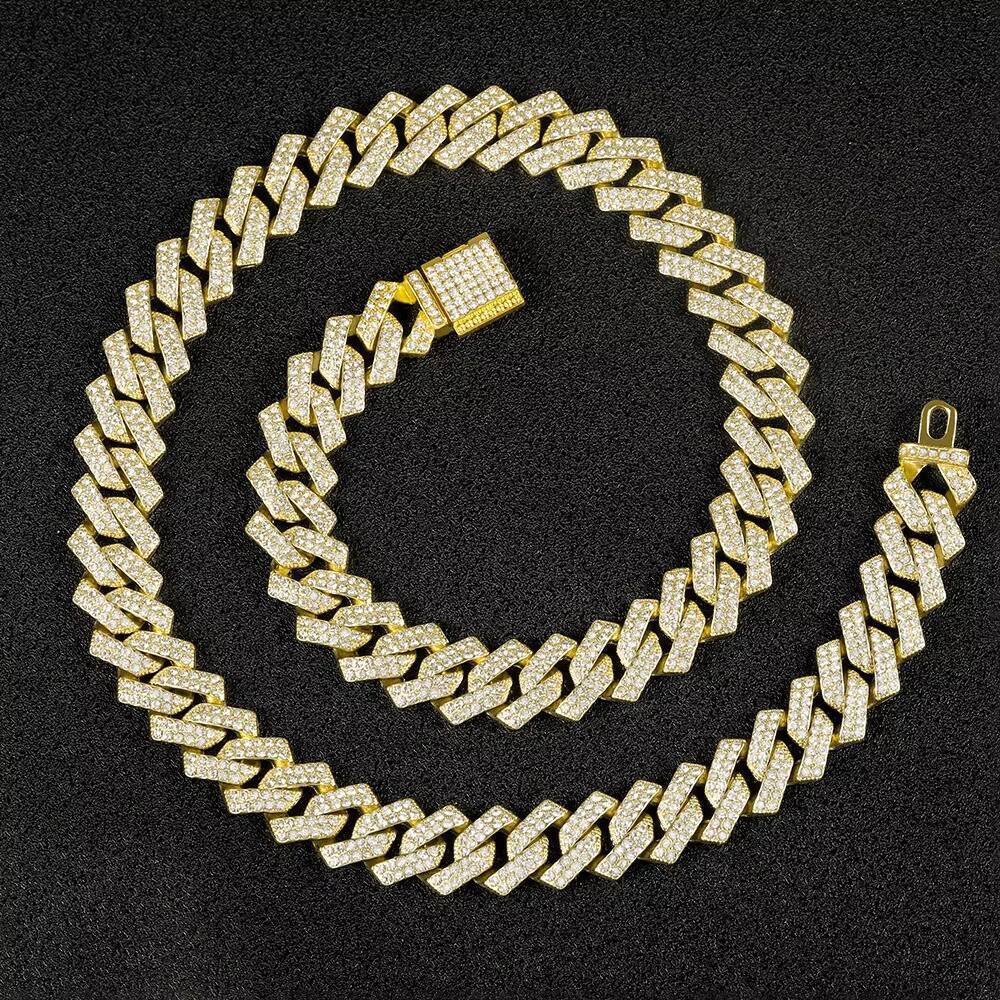 Moissanite Cuban Link Chain 15MM Diamond Gold Plated Alloy Fashion Jewelry Hip Hop Necklace Bracelet for Men