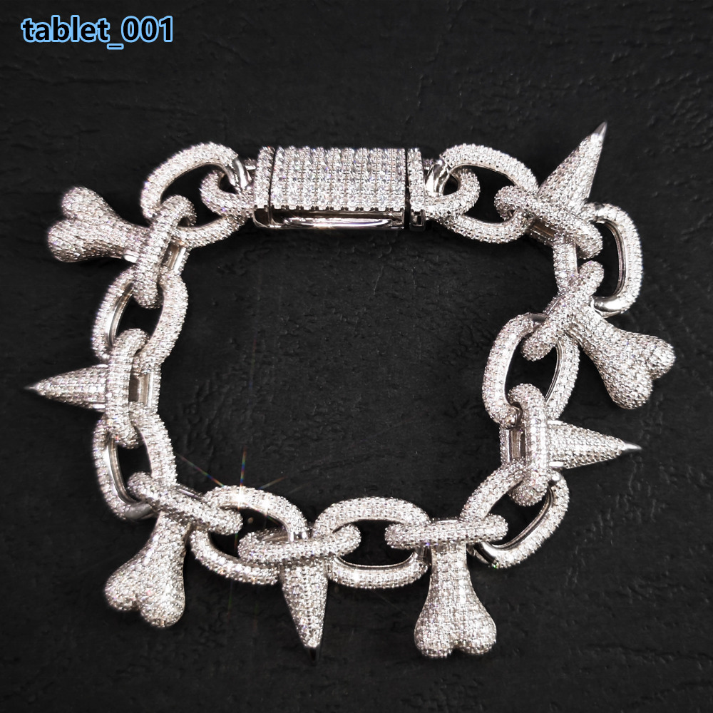 20MM Silver Heart Bone Spike Iced Out Chain Bracelet Punk Rivet Choker Bling Moissanite Mens Hip Hop Necklace Jewelry Party