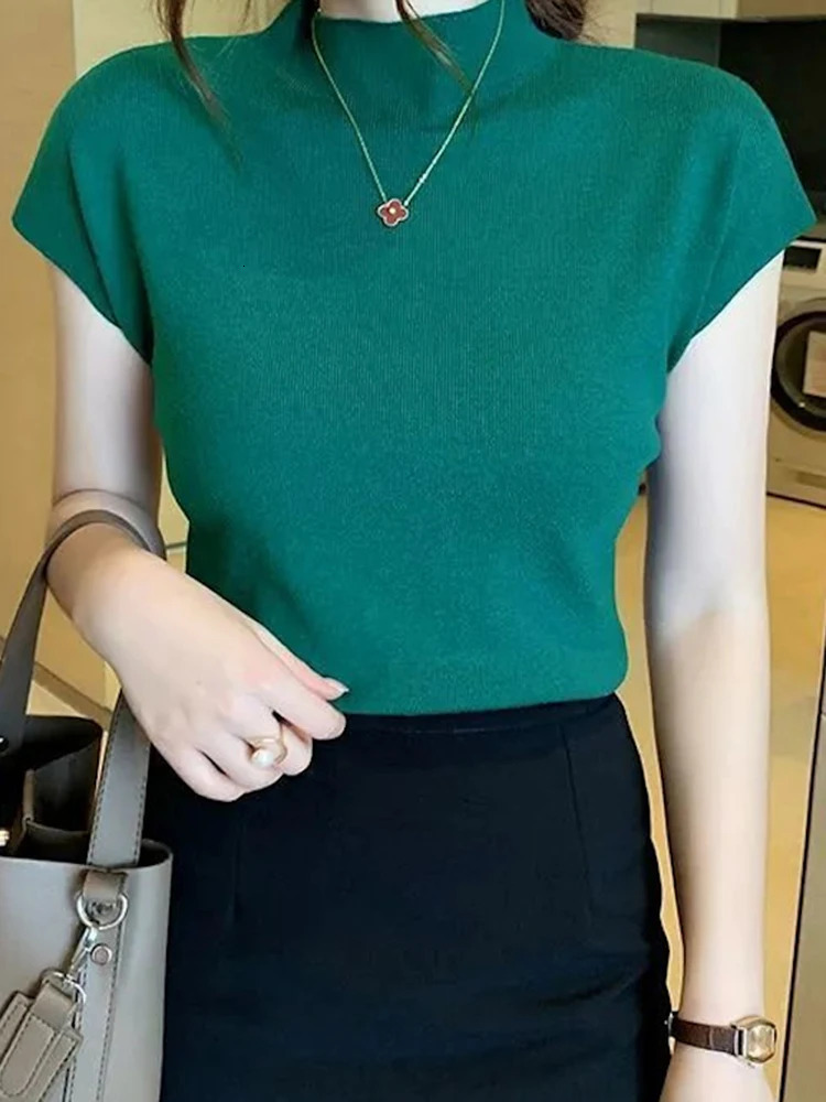 Women Summer Sexy Knitted Turtleneck Sleeveless TShirts Tops Solid Slim Fit Pullovers Causal Tees Female Streetwear Basics 260306