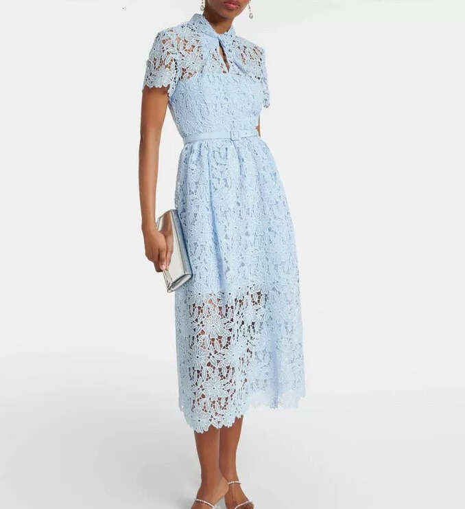 2026 Spring/Summer Designer a2 Fashion Brand Elegant Women's Hollow Lace Tie Collar Long Dress Dress