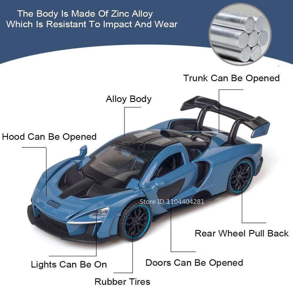 1:32 720S Senna Alloy Sports Car Diecast Model Toys with Sound Light Pull Back Doors Opened Miniature Vehices Kids Friend's Gift Z260306