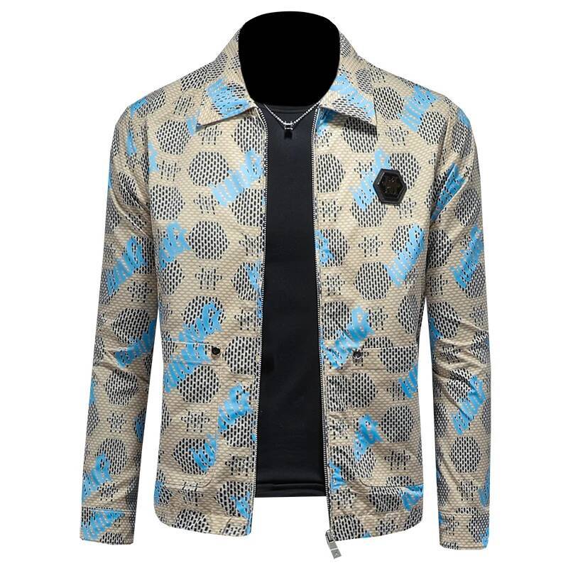 New High Quality Handsome Fashion Trend Business Elastic Cargo Lapel Jacket Korean Men's Casual Print Coat