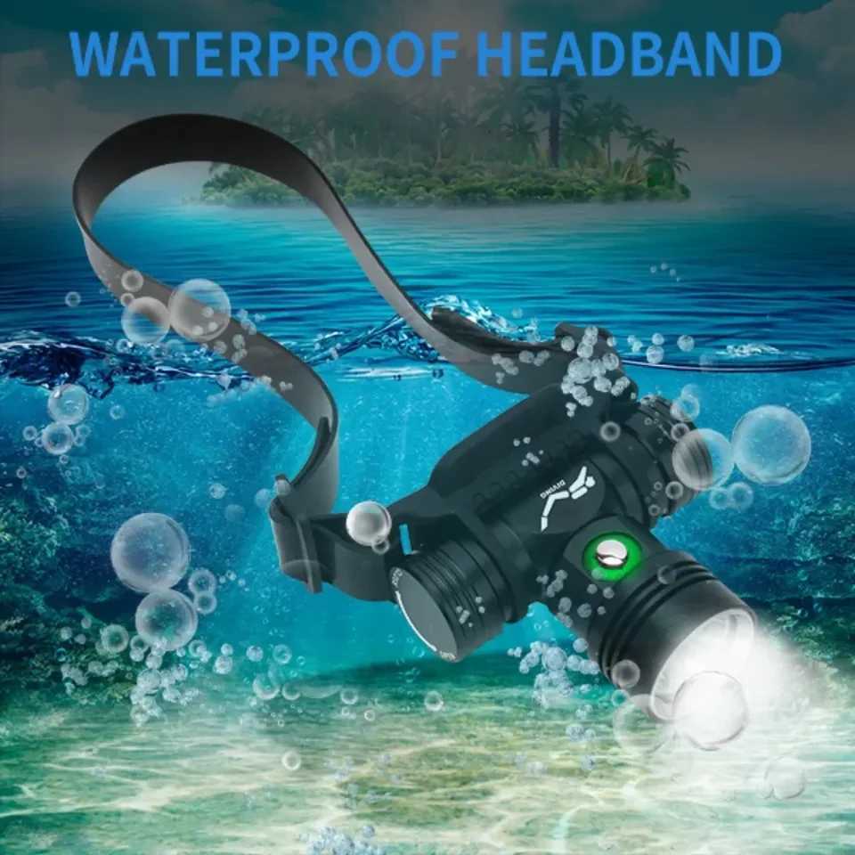 BORUiT B14 1200LM LED Scuba Diving Headlamp IPX8 Waterproof Underwater 60M Headlight 3-Mode Use 18650 Battery Diving Light H260307