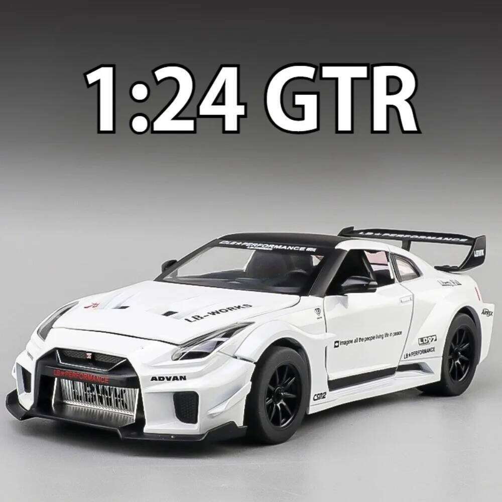 1:24 GTR CSR2 R34 Model Toys Diecast Alloy Car Doors Opened Sound Light Pull Back Rubber Tires Miniature Vehices Adult Boys Gift Z260307