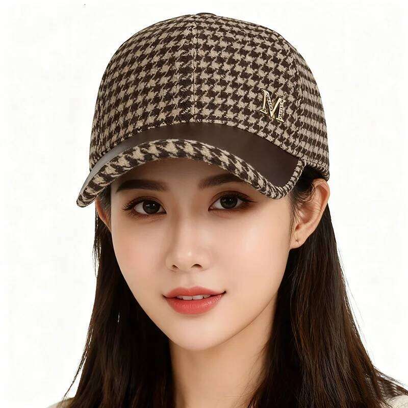 Houndstooth M Logo Baseball Korean Version Women'S Hat Versatile Duckbill Cap Y260304