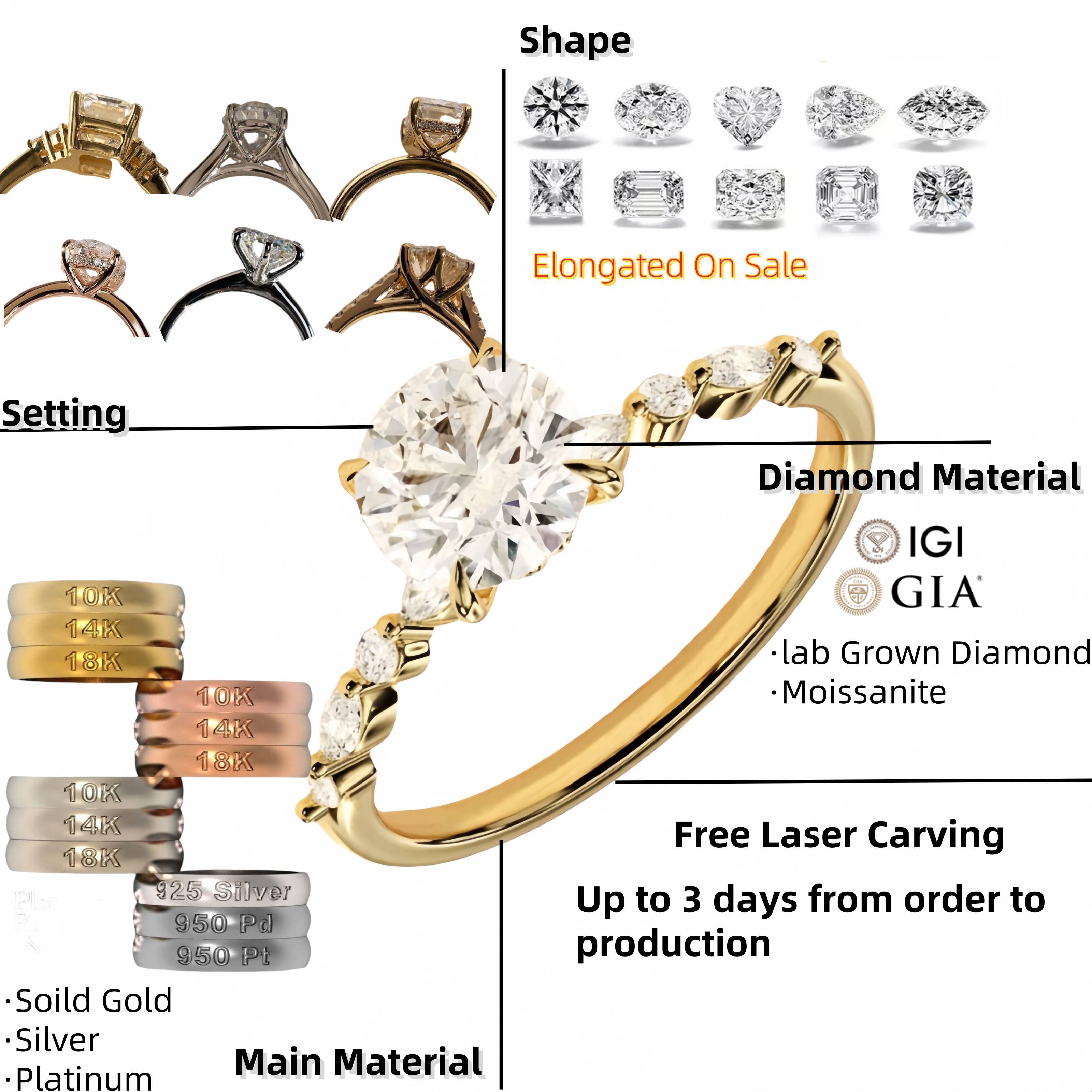 Wholesale High Quality Certificate 14k 18k Solid Real Gold VVS D Color Moissanite Diamond Solitaire Engagement Ring Prong