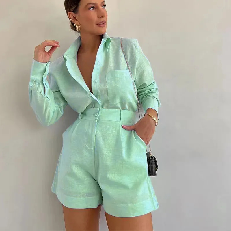 2026 Womens Long Sleeve 2Piece Set Casual Button Detail Shorts Outfit Shirt Top Summer Fashion Female Suit Y2k Clothing 260306