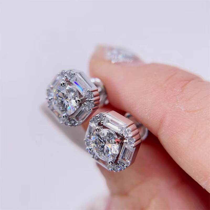 Pass Diamond Tester 9mm Vvs baguette Moissanite Stud Earrings With Screw Back 10k Gold Jewelry
