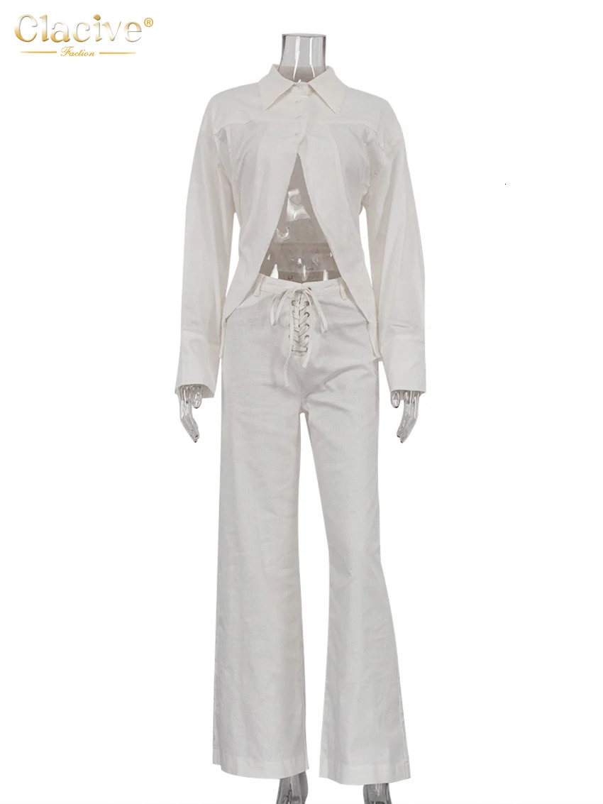 Clacive Fashion Loose White Linen Womens Two Pieces Set Elegant Long Sleeve Shirt With Mid Waist Wide Pants Streetwear 260306