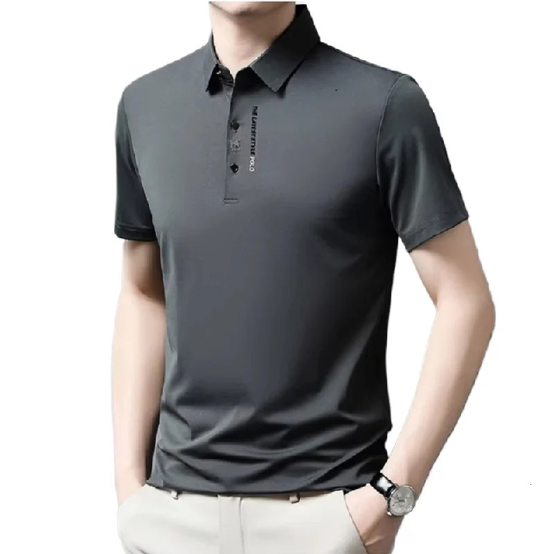 Summer Ice Silk Cotton Embroidered Polo Shirt Elastic T-shirt Korean Fashion Short Sleeve Business Casual Mens Wear M-4XL 260304