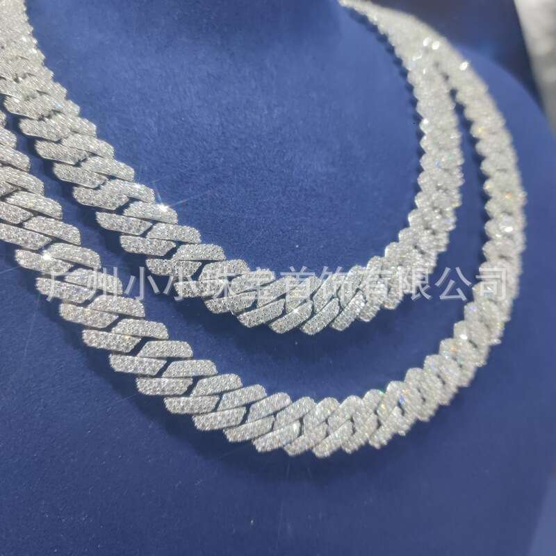 Factory direct cross-border jewelry, sterling silver diamond necklace, 12mm moissanite, high-end hip-hop Cuban chain, premium quality