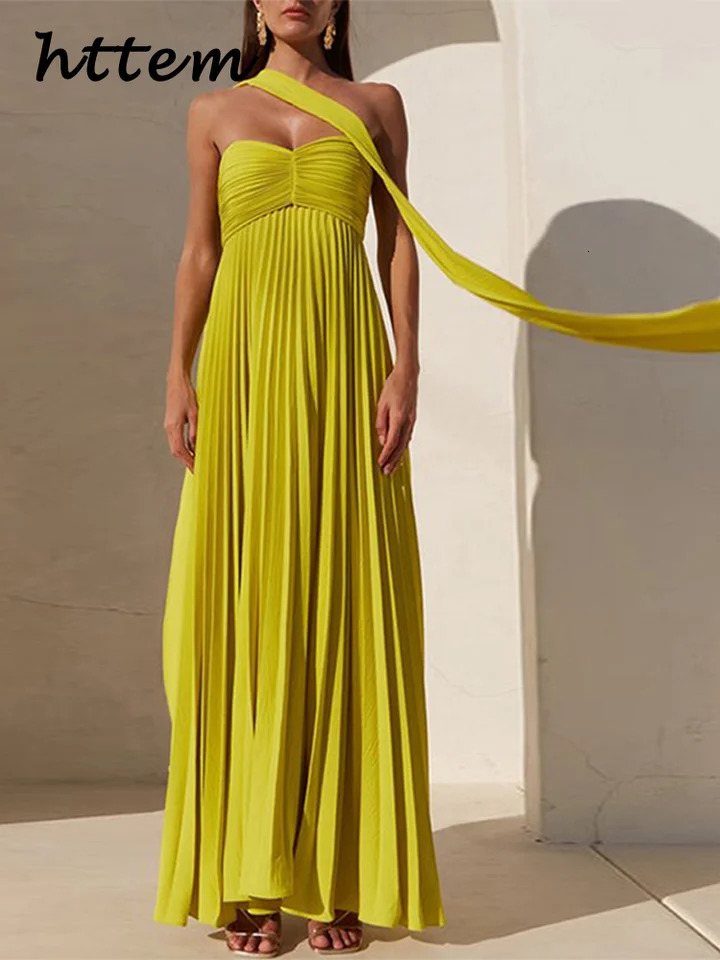 Elegant Strapless Ribbon Long Dress Women Sexy Sleeveless Backless Pleated Party Dresses Summer Lady Evening Robes 260306
