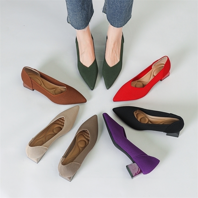 Womens large high-heeled shoes Multicolor pointy knit breathable comfortable anti-skid rubber sole work shoes autumn 260306