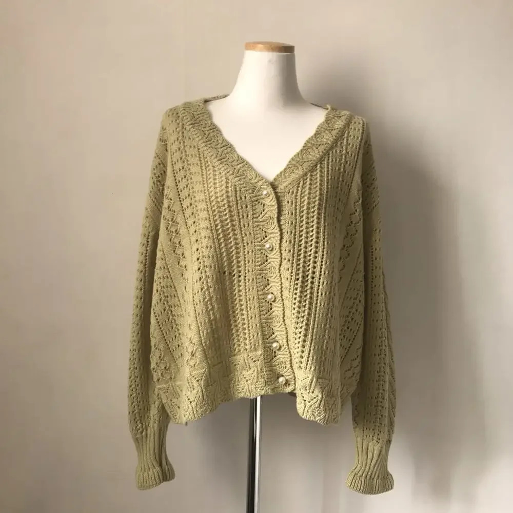 Women Spring Summer Sweater and Cardigans Low V-Neck Knit Tops Long Sleeve Hollow Out Sexy Cardigan Loose White Tops 260305