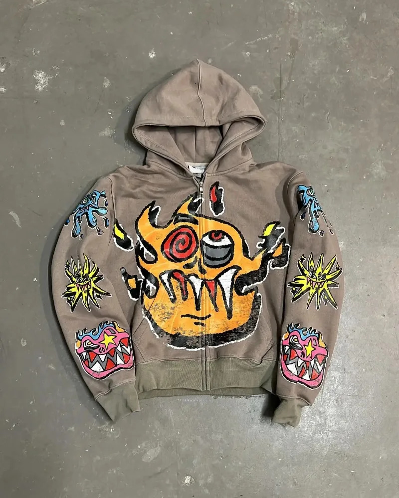 American Gothic trendy letter pattern printed oversized hoodie mens Y2K fashion Harajuku all-match loose zipper sweatshirt 260304