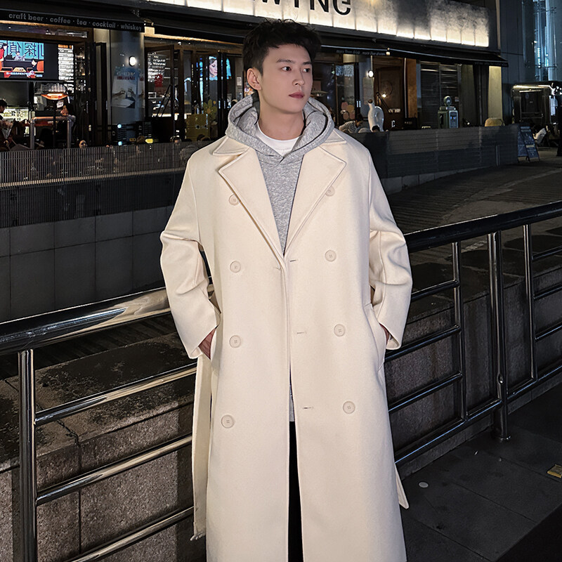 IEFB Korean Men Woolen Coat Casual Lapel Double Breasted Long Trench Solid Color Male Overcoat Belt Autumn Trend 9C2884 240731