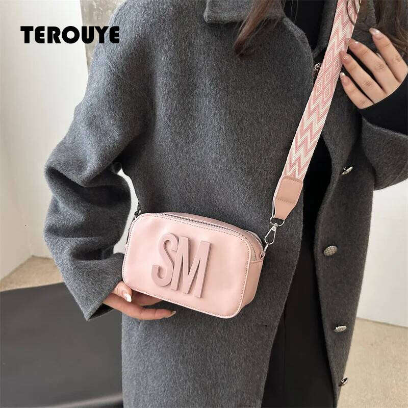 2026 Stylish Versatile Women Single SM Letter Pu Leather Small Square Bag Leisure Wide Shoulder Strap Cross Body Bags TEROUYE