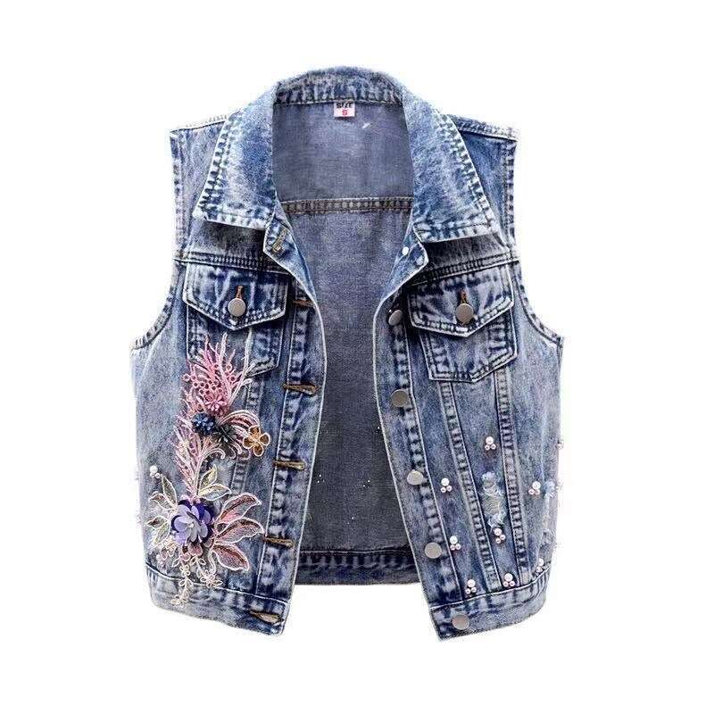 Mardi Hefxessdr Student Vest Slim Short Jacket Embroidery Flowers Sleeveless Denim Vest Women's Beaded Waistcoat Hole Jeans Vest Coat Girl