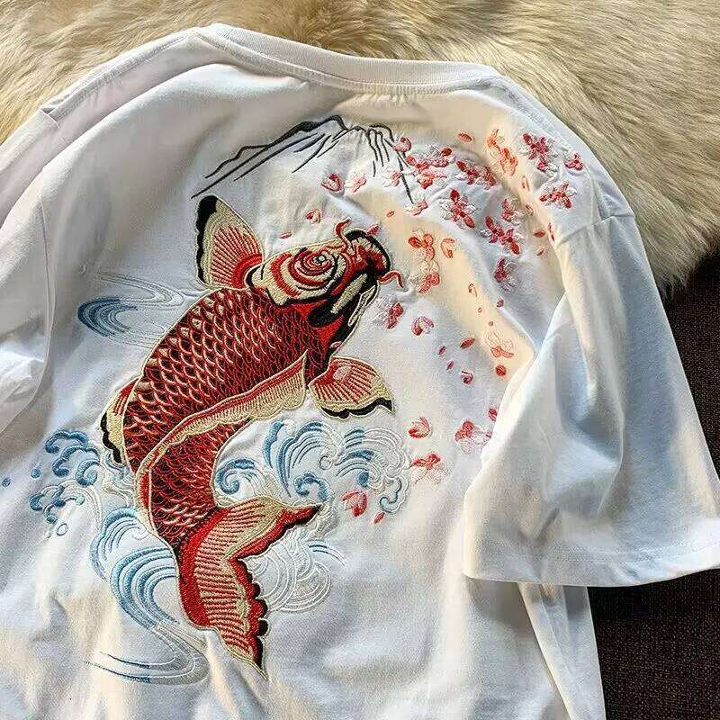 Mardi Hefxessdr Lovers Embroidered Koi Fish Summer 2025 New Men Cotton T Shirt Students Casual Tee Short Sleeves Top Loose T-shirt 4XL