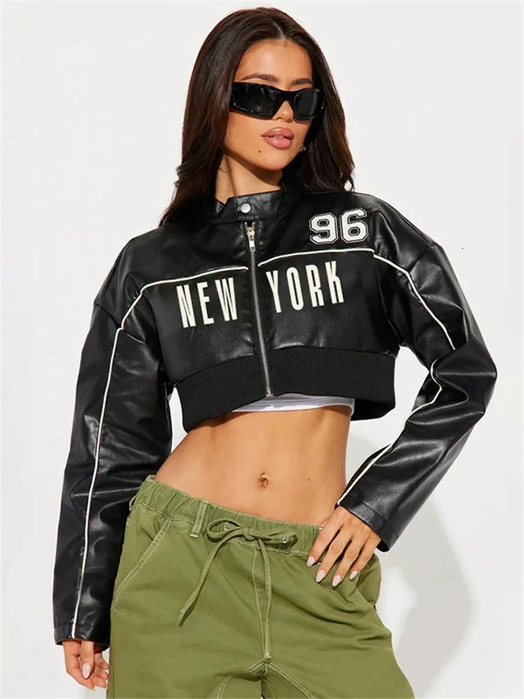 kliou Letter PU Patchwork Women Coats Hipster Button Zip-up Full Sleeve Crop Jackets Trend Cool Street Outwear Spring 260306