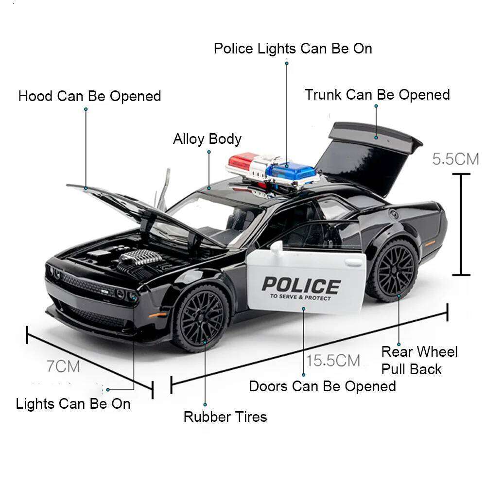 1:32 Challenger SRT Police Cars Alloy Models Toys Diecast Metal Body Doors Opened Sound Light Pull Back Vehices Birthday Present Z260306