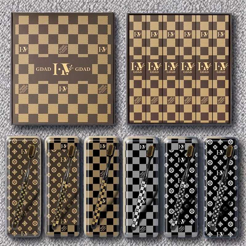 This 6-piece luxury checkered & monogram toothbrush set with soft bristles is perfect for stylish family home oral care.T260307