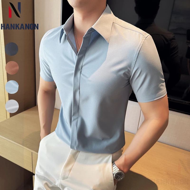 High Quality Summer Thin Stretchy Short-Sleeved Shirt for Mens Business and Casual Wear Hidden Button Placket M-4XL 260304