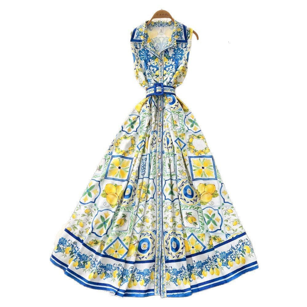 Resort Style Sleeveless Turn-Down Collar Printed Dress For Women Summer Korean Version Tie Waist A-Line Long Dress Elegant And Chic