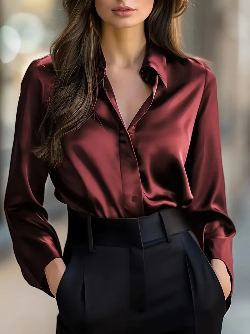 Elegant Black Satin Long Sleeve Blouse for Women ButtonUp Collar Shirt Perfect Casual or Professional Wear 260228