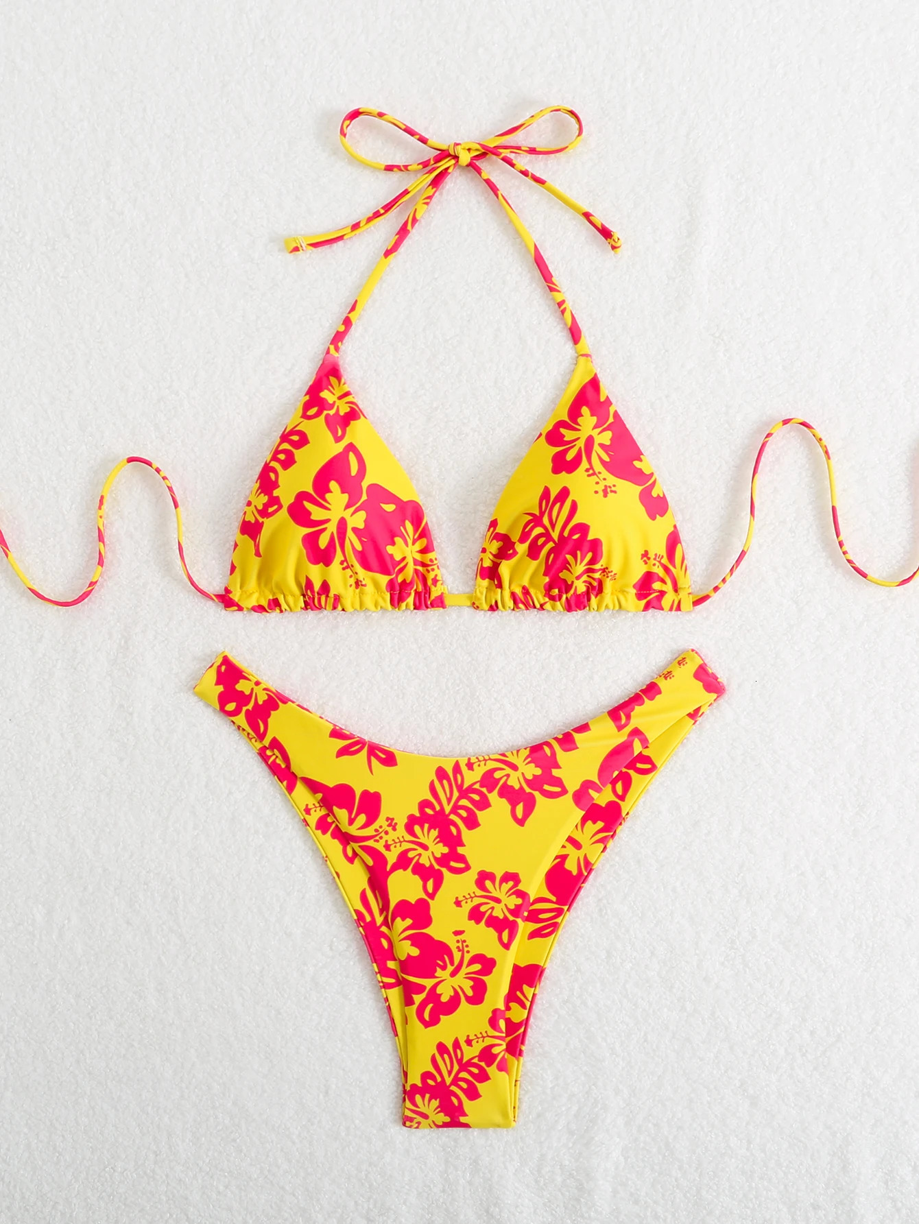 Summer retro floral print 2piece bikini lace up swimsuit sexy high waisted womens 260306
