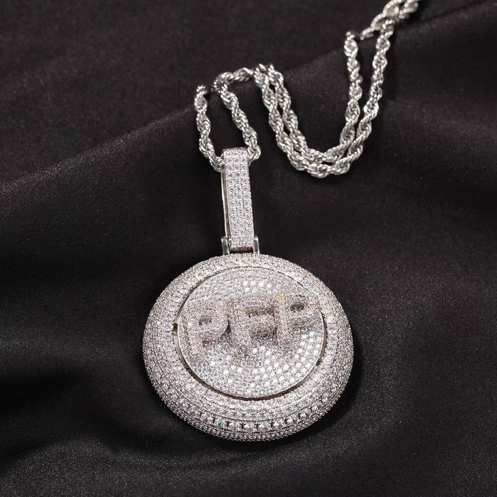 2026 Popular Custom Spin Letter Names Necklace Zirconia Name Plate Round Pendant Rapper Chain