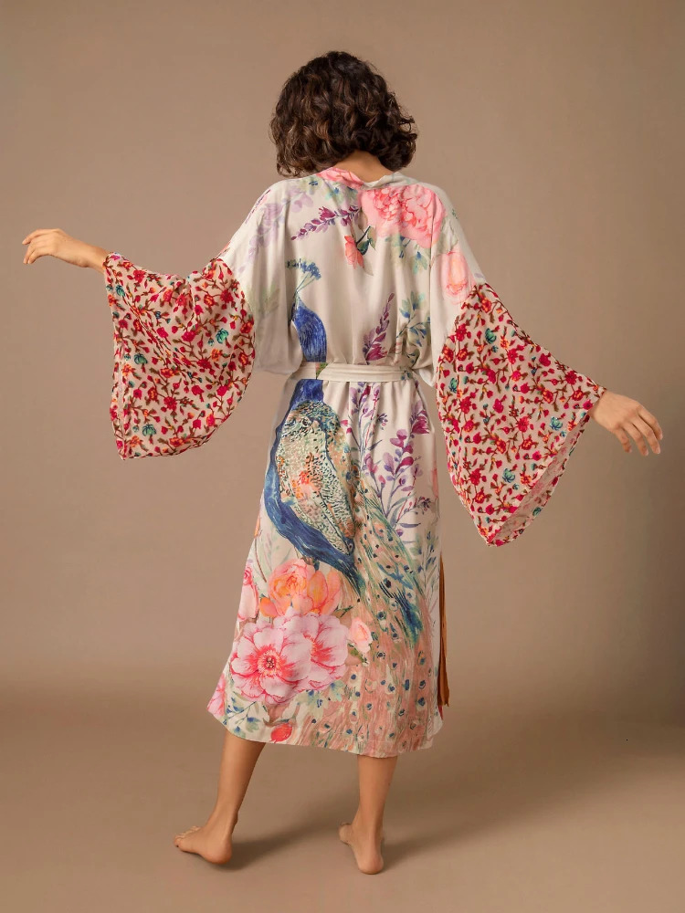 Beach Kimono for Women Peocock Printed Swimsuit Cover Up Self Belted Wrap Dresses Seaside Bathing Suits Beachwear 260228